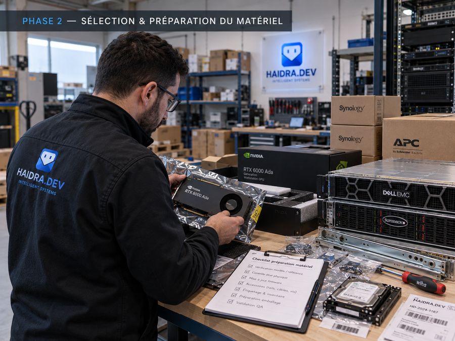 Phase 2 | sélection et préparation du matériel : serveurs et équipements réseau préparés et étiquetés en atelier.