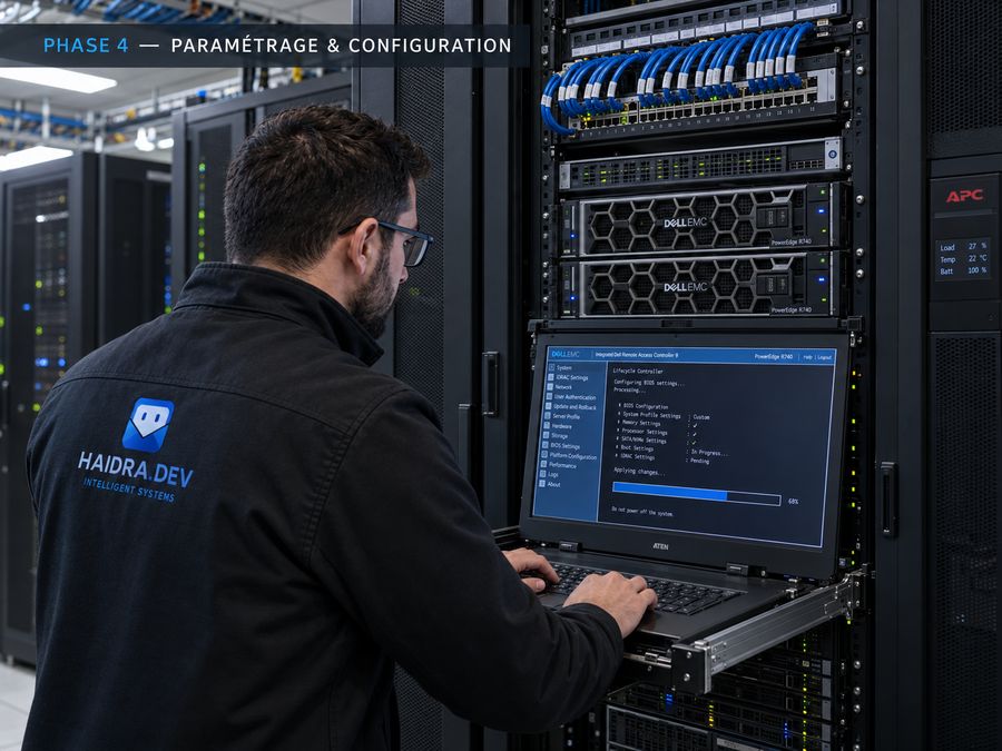 Phase 4 | paramétrage et configuration : configuration des serveurs et de la supervision depuis un poste raccordé à la baie.