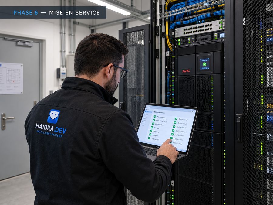 Phase 6 | mise en service : infrastructure en production, baie fermée et supervision affichée.