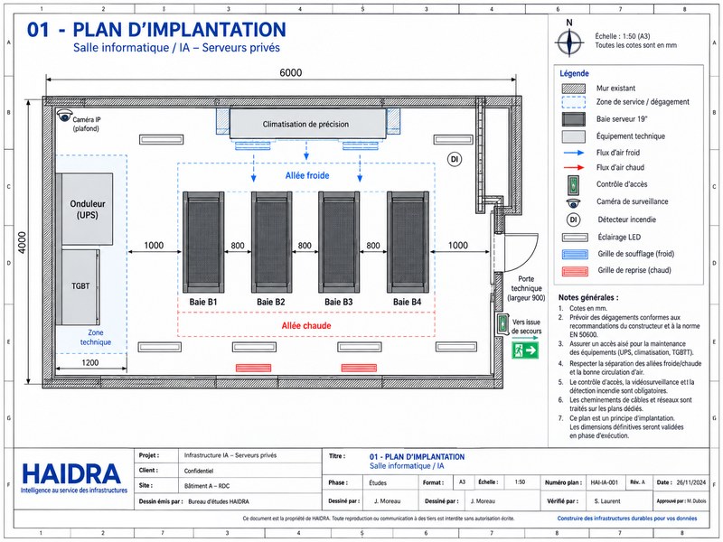 Schéma 01 | plan d'implantation d'une salle IA : quatre baies serveurs alignées entre une allée froide et une allée chaude, onduleur et tableau électrique en zone technique.