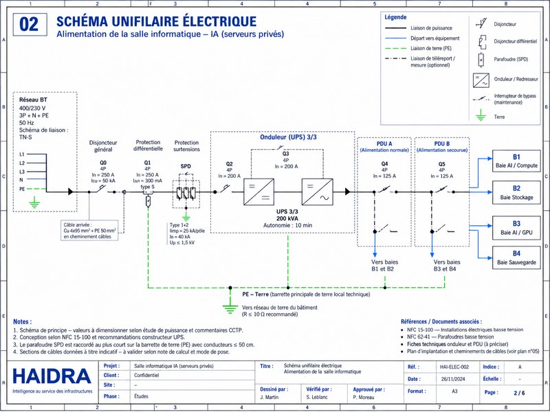 Schéma 02 | unifilaire électrique : arrivée générale, protections, onduleur et départs protégés vers les baies.