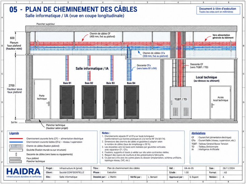 Schéma 05 | plan de cheminement des câbles : chemins de câbles séparés pour le courant fort et le courant faible, descentes et repérage.